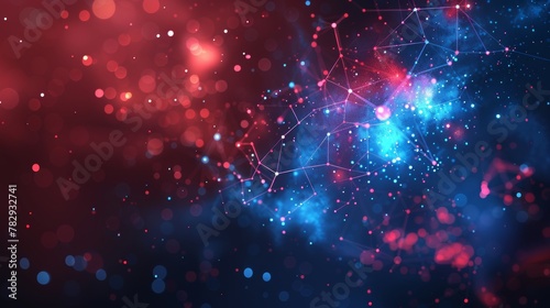 Molecular technology with polygonal shapes, connecting dots and lines. Big data visualization. Abstract red and blue technology concept background.