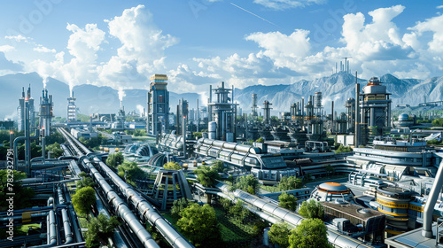 Futuristic cityscape with advanced infrastructure, skyscrapers, and a network of roads and monorail systems surrounded by mountains under a clear sky. photo