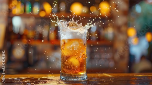 A glass of Michelada with a splash on a bar counter, capturing the dynamic motion for advertising or festive event promotion.