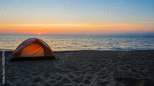 Mountaineers camping by the beach. Summer and spring period. Open tent by the lake. Holiday concept tent. 
