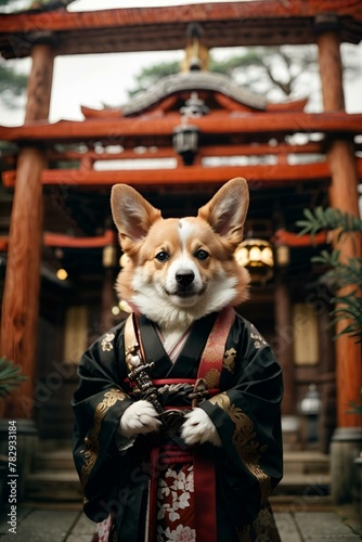 a dog in an asian style suit holds a chain on his hind feet