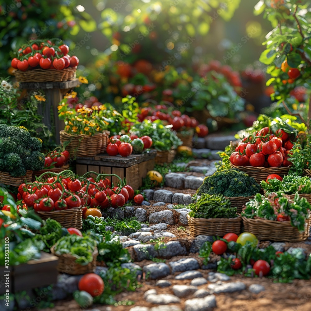 AI generated illustration of freshly harvested tomatoes on display in a green garden
