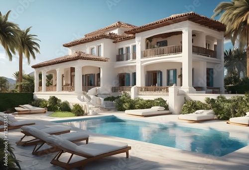 AI generated illustration of a luxury house with a pool and loungers © Wirestock