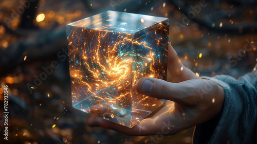 Hand Holding Cosmic Cube, Intricate Galaxy Patterns Inside