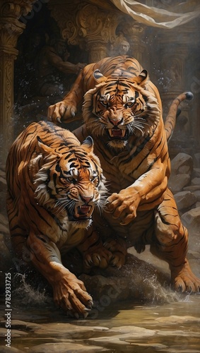 AI generated illustration of two tigers battling near a cave with stone columns and rocks
