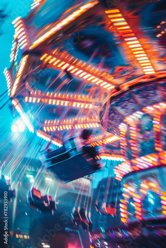 Blurred background of spinning rides and flashing neon lights. Carnival fun. Generative AI