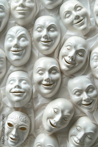 A collection of smiling white masks on a white wall
