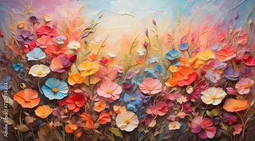 abstract background with hazy flowers. oil painting depicting a field of vibrant wildflowers before dawn. rainbow's colors
