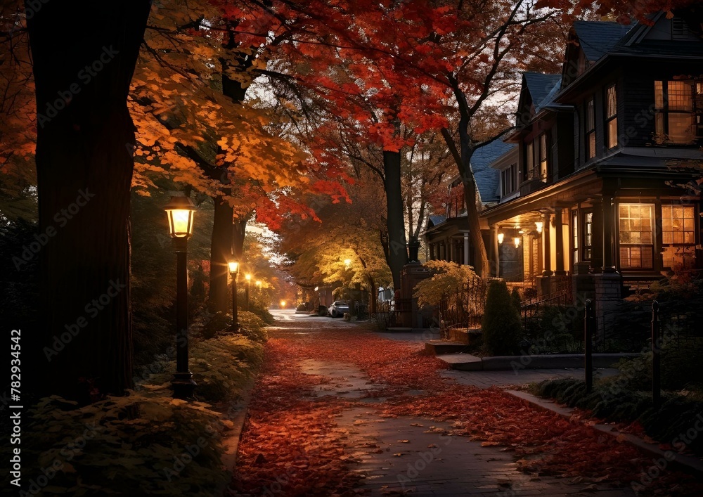 autumn trees line a pathway in the neighborhood, with a light lit lantern on the
