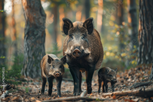 Wild boar family with baby in the forest. Generative AI