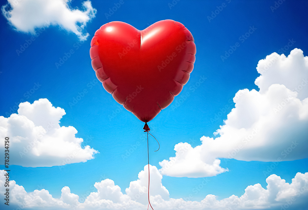 a red heart shaped balloon is flying in the sky