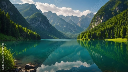  Photo of tranquil lake surrounded by towering mountains and lush green forests. The image captures breathtaking view of pristine lake reflecting the surrounding landscape photo
