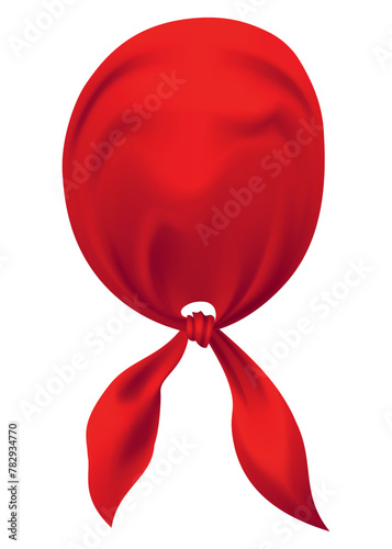 Red realistic bandana on head. Youth fashion head or cowboy garment element template. Biker face scarf, bandanna neck shawl. Blank handkerchief unisex uniform. Western clothes