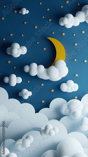 Good night and sweet dreams. Moon, stars and clouds on vertical dark blue background