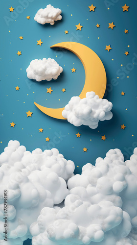 Good night and sweet dreams. 3d illustration of moon, stars and clouds on vertical blue background. Mobile phone wallpaper