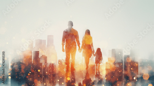 With in the area with a white background, the Double Exposure of the person, family, woman reflects a joyful expression. A livable world happy concept.