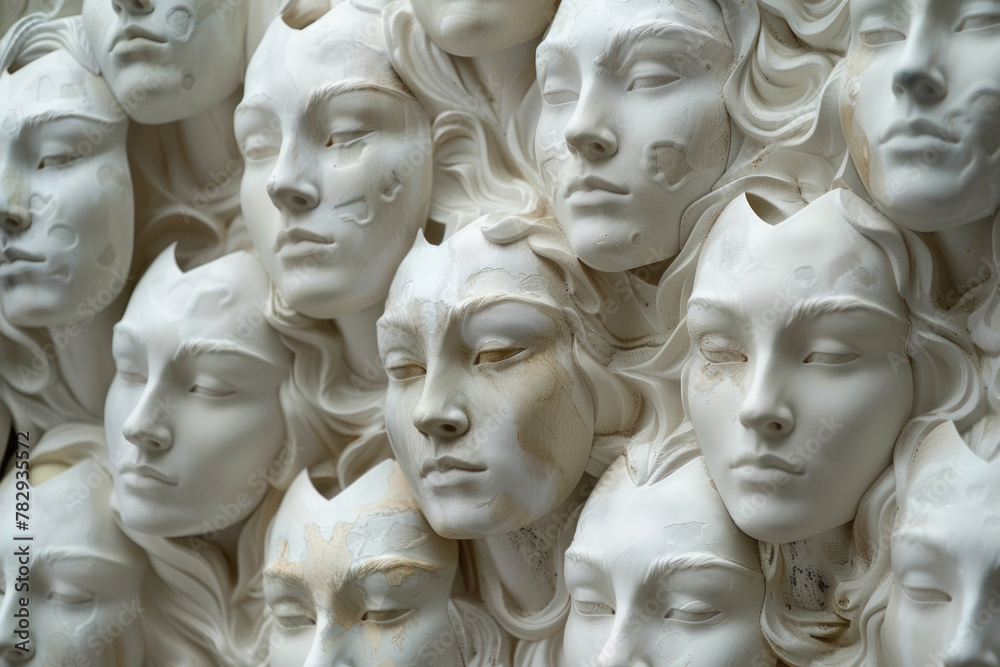 Obraz premium A collection of emotionless white masks on a white wall
