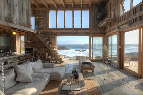 a room filled with furniture and wooden floors next to the ocean