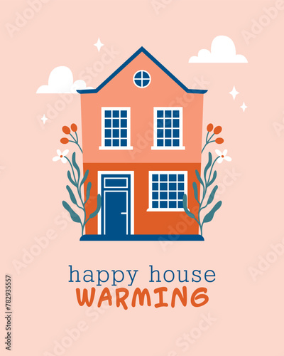 Happy House Warming. Village building, house. Moving to new home concept. Cute vector building in hand drawn flat style. Invitation, card, banner with short phrase, text.