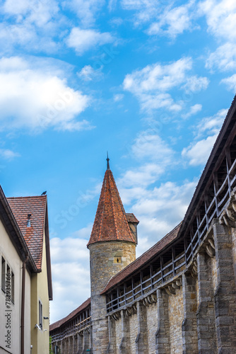 Vertical shot of the buildings in Rothenberg ob der Tauber, Germany against a blue sky
