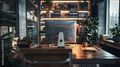 computer with office supplies on a desk in front of a window