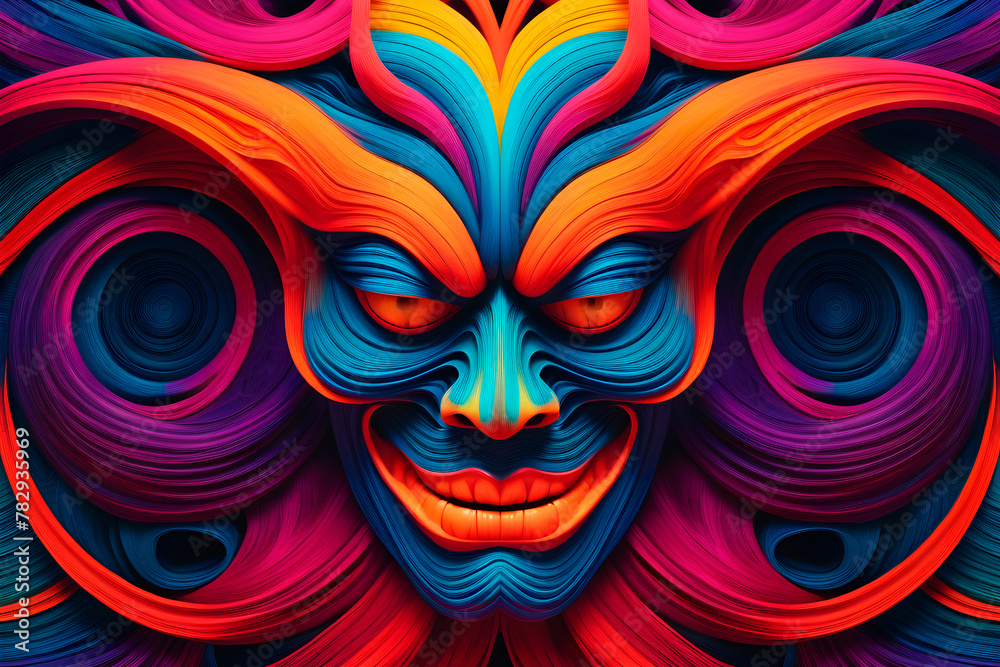 A demon's smiling face looks at your artwork, surrounded by colorful lines, yarn textures, and artwork A demon's smiling face looks at your artwork, surrounded by colorful lines, yarn textures, and artwork