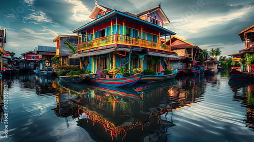 Colorful houseboat on water with trees in background photo