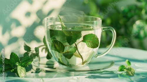 A cup of green tea with a sprig of fresh mint. Perfect for relaxation and wellness concepts