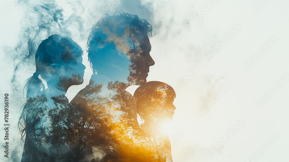 Fototapeta premium With in the area with a white background, the Double Exposure of the person, family, woman reflects a joyful expression. A livable world happy concept.