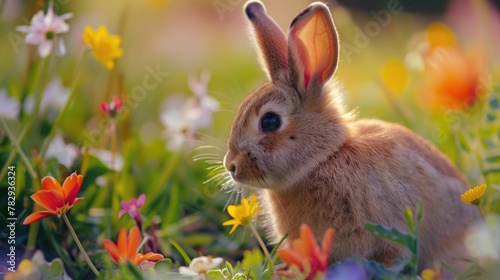 A cute rabbit sitting in a field of colorful flowers. Perfect for nature lovers and spring-themed designs