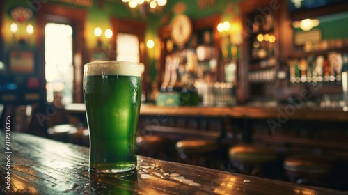 A refreshing green beer on a rustic wooden bar, perfect for St. Patrick's Day celebrations