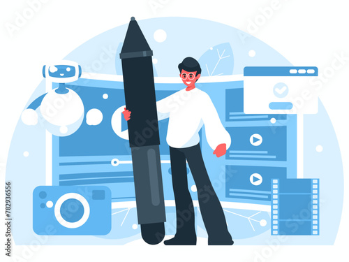 Online video courses. Male teacher stands and holds a huge graphic stylus. Making video blogs in internet. Podcast, streaming service, video hosting, bloggers school concept. Vector graphics