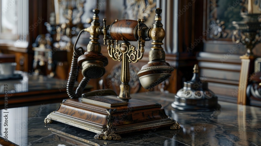 An old-fashioned telephone on a table. Suitable for vintage and communication concepts An old-fashioned telephone on a table. Suitable for vintage and communication concepts