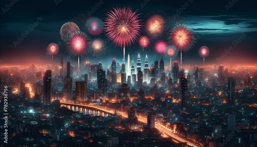 AI generated illustration of the City skyline lit by colorful fireworks at night