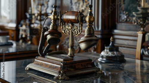 An old-fashioned telephone on a table. Suitable for vintage and communication concepts