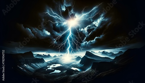 AI generated illustration of a Lightning bolt striking snowy mountain peaks near water