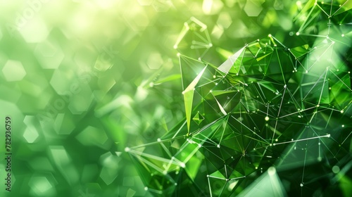 Abstract background with green polygons and triangles. Concept of the future. Toned double exposure rendering in 3D.