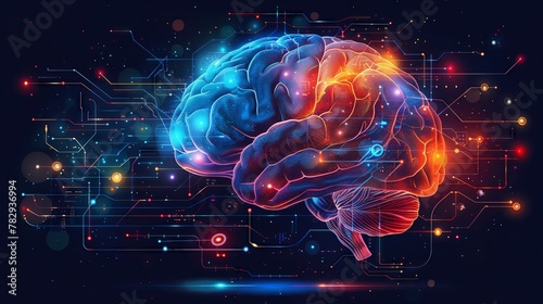 Human brain with digital circuitry, symbolizing AI and neuroscience, AI-generated. photo