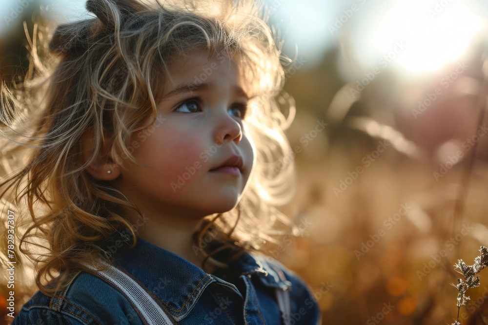 Cute little girl in a wheat field at sunset. Close-up portrait of a child. Cute little girl in a wheat field at sunset. Close-up portrait of a child.