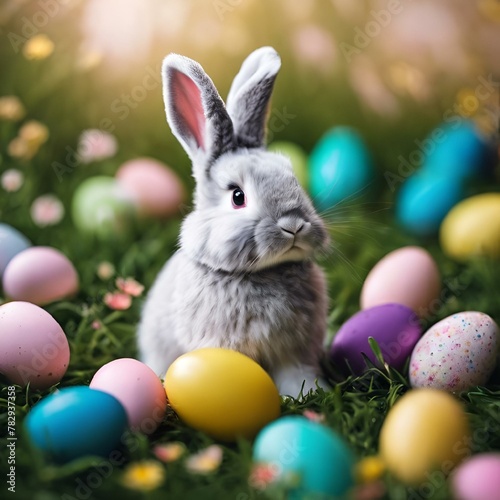 AI-generated illustration of a cute bunny next to colorful Easter eggs on grass © Wirestock