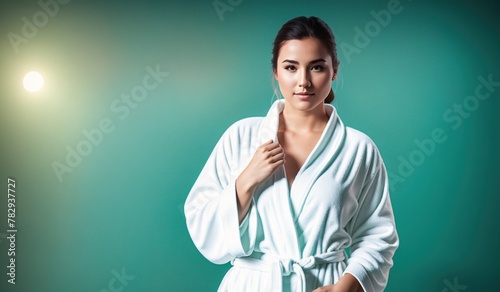 A woman wearing a white robe standing in front of a green background.