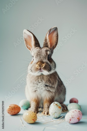 A cute rabbit sitting next to a pile of colorful Easter eggs. Perfect for Easter holiday projects