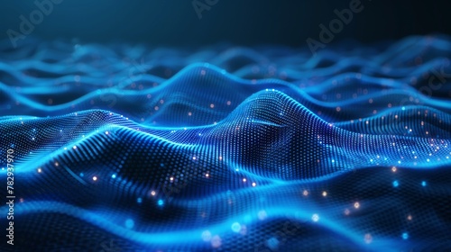 3D rendering of a blue polygon tech network with a dots and lines texture background.