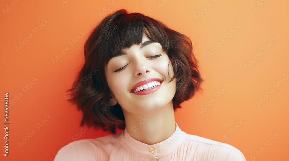 Studio photography, close-up portrait of a beautiful girl with brown hair, French bob haircut, smiling, with closed eyes, on an orange background. Happy girl, beautiful white teeth and healthy skin Studio photography, close-up portrait of a beautiful girl with brown hair, French bob haircut, smiling, with closed eyes, on an orange background. Happy girl, beautiful white teeth and healthy skin