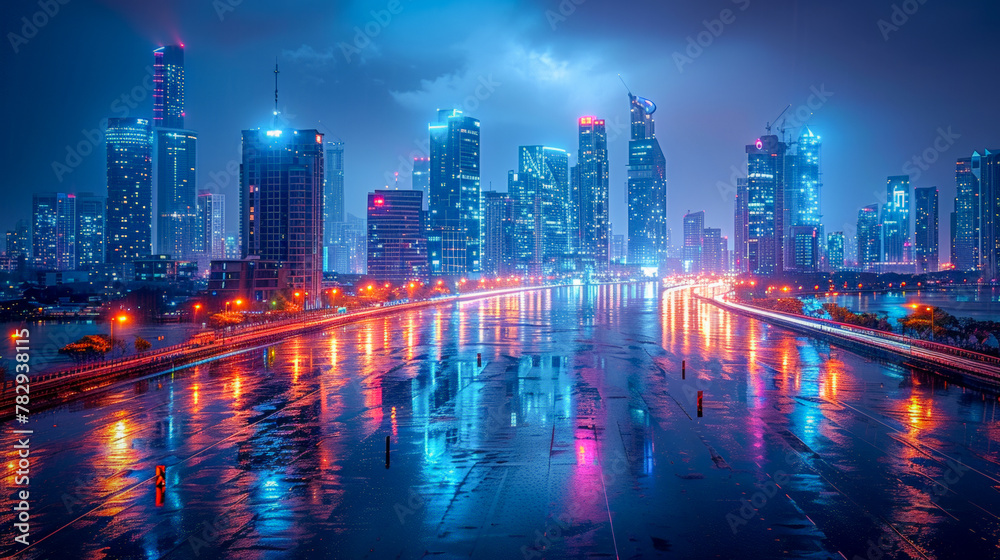 City view at night: modern skyline with glowing lights