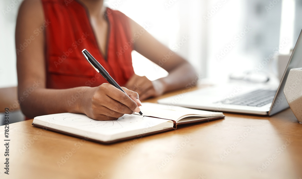 Hand, writing and notes in notebook from home office with schedule for business or ideas in mindmap. Person, planning and reminder in calendar with deadline info or creative solution to project