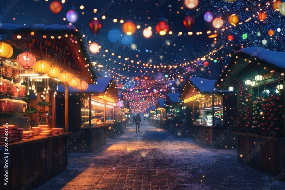 A vibrant street adorned with twinkling Christmas lights. Ideal for holiday-themed designs