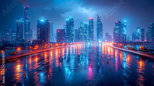 City view at night: modern skyline with glowing lights © senadesign