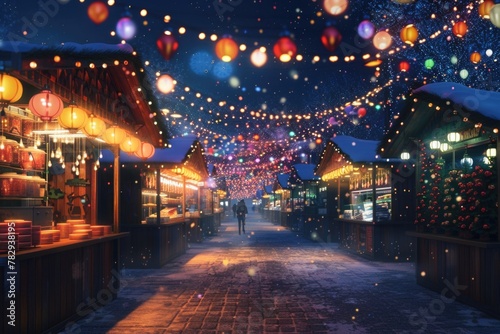 A vibrant street adorned with twinkling Christmas lights. Ideal for holiday-themed designs © Fotograf