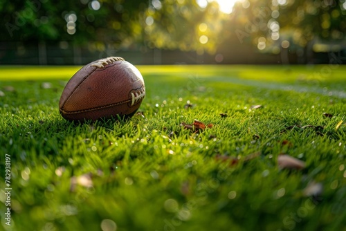 closeup of an American football ball on the grass of a stadium at night about to start a game - copyspace. Beautiful simple AI generated image in 4K, unique. photo